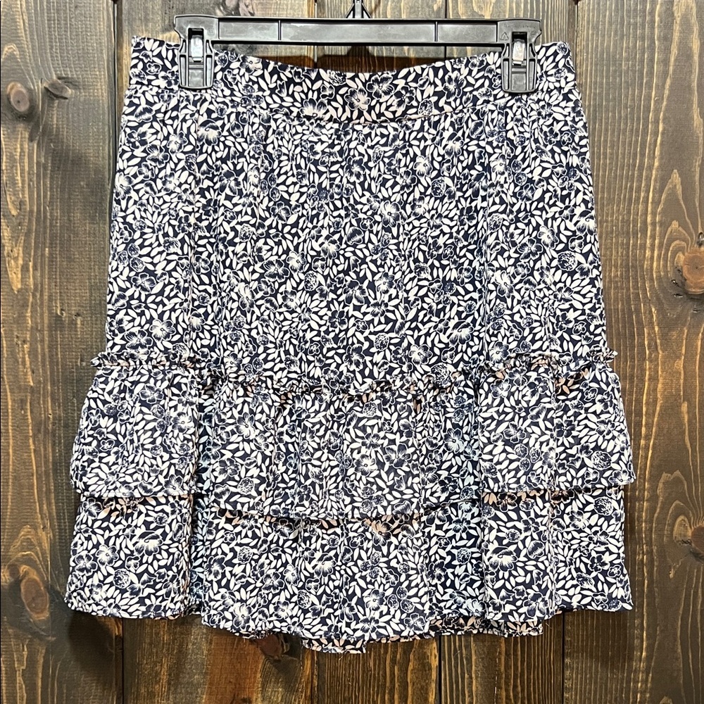J. Crew Blue Floral Tiered Mini Skirt S Elastic Waist Preppy Cottagecore Flowy